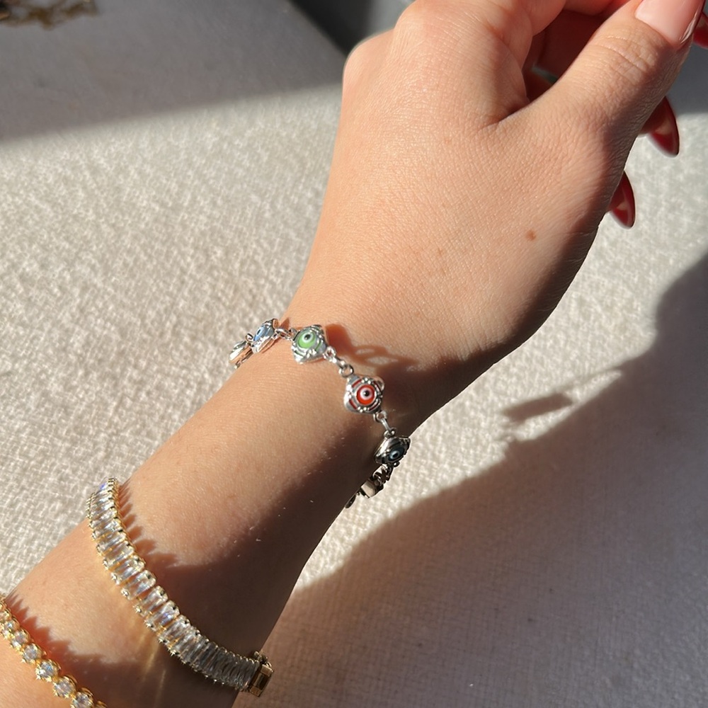 Multicolor bead sterling silver evil eye bracelet small - Picture 5 of 6